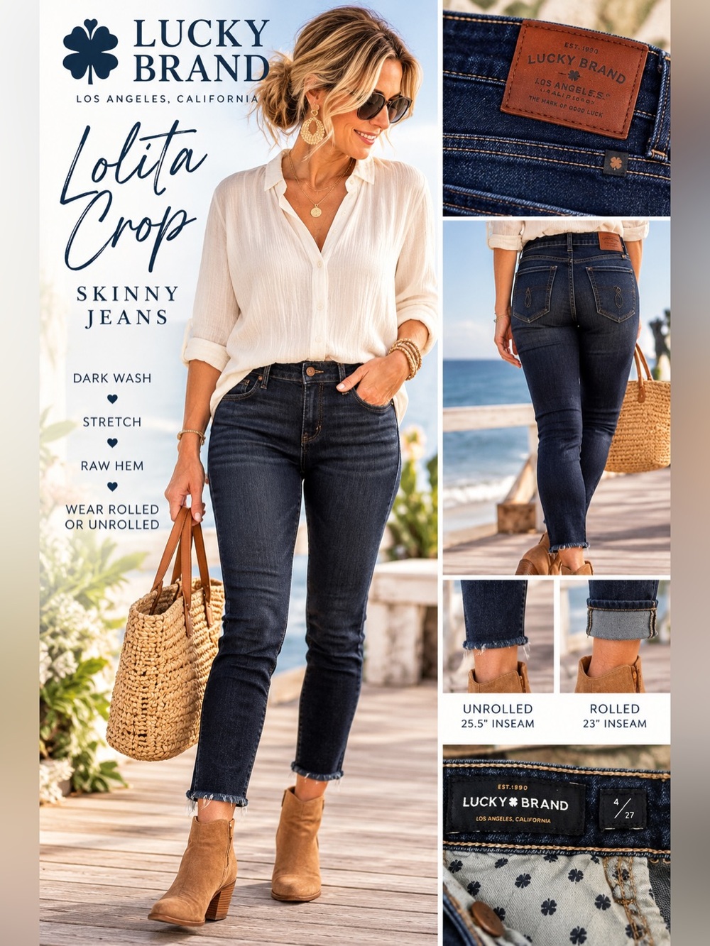 Lucky Brand Lolita Crop Jeans 4/27 Dark Wash Raw Hem Skinny